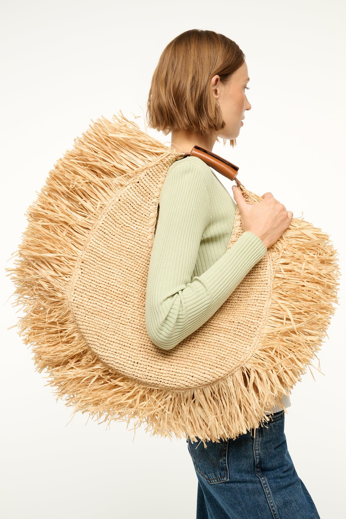LARGE RAFFIA MOON TOTE BAG | NATURAL FRINGE - Image 6